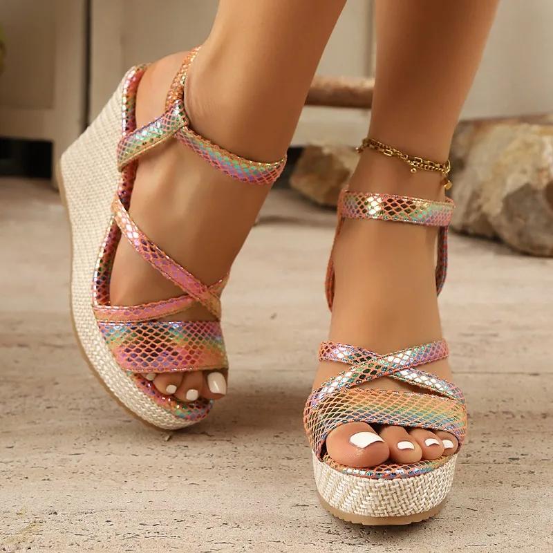 Fashion Summer New Style High Heel Sandals for Women Round Head Open Toe Waterproof Platform Anti-slip Wear-resistant Slope Heel Shoes