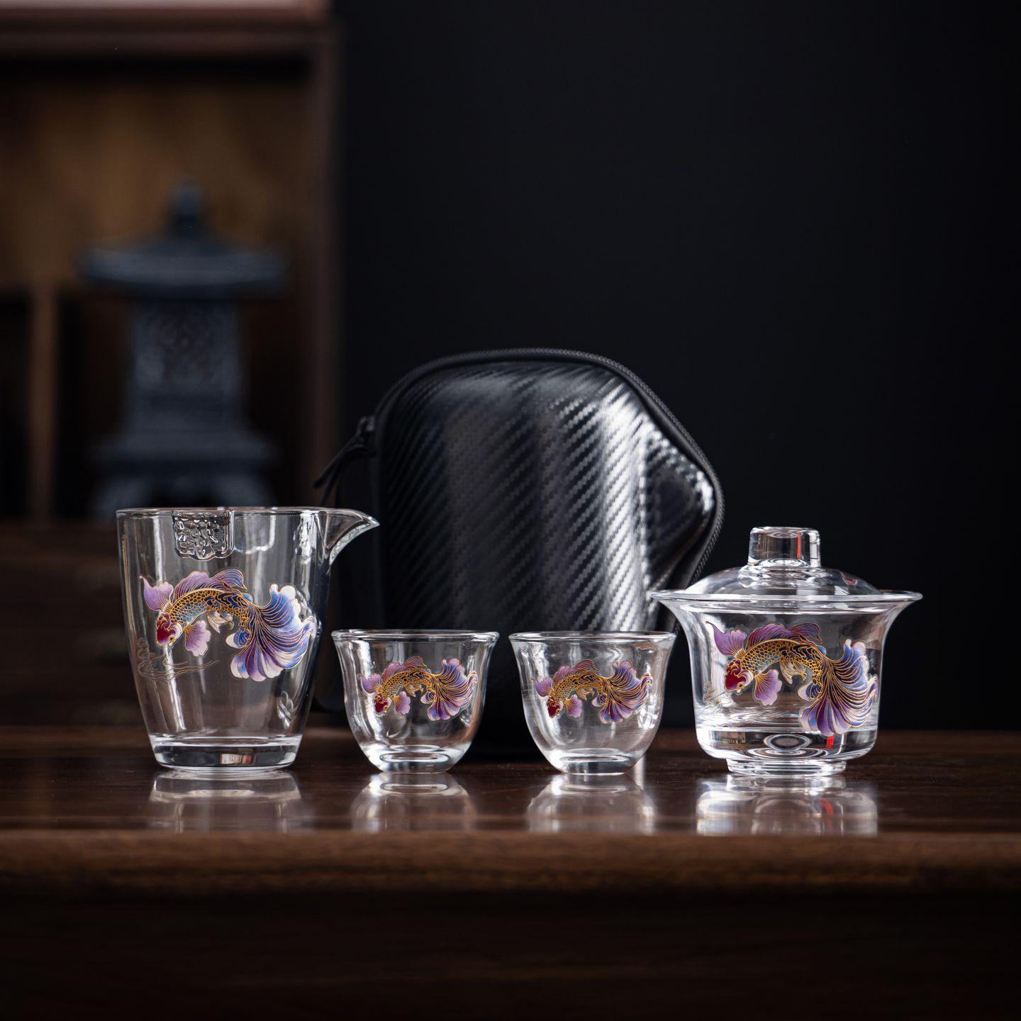 

New Chinese-style Glass Travel Tea Set, Including 1 Teapot, 2 Tea Cups, Gaiwan, Gongbei Tea Cup, Appliqué Teaware