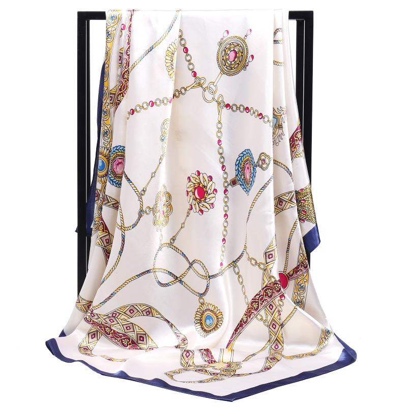 Luxury Women Silk Scarf Square Bandana Design Brand Headband Female Satin Hijab Large Shawl Wrap Lady Kerchief Chain Print New