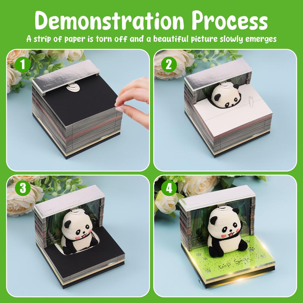 3D Stereo Notepad Tear Away Paper Carving Panda Shape Three-dimensional Note Book with LED Light for Office Desk Home Decorative