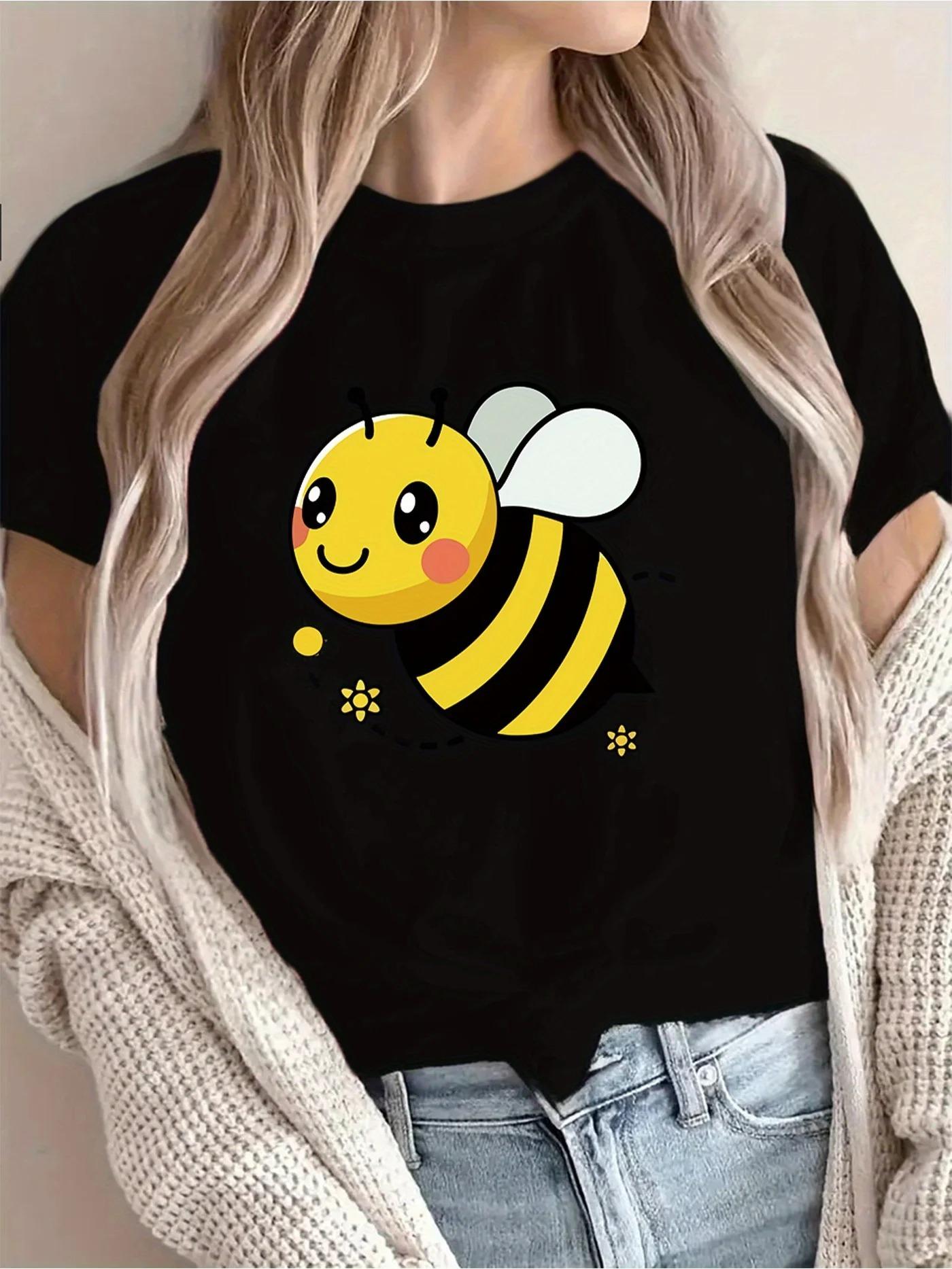 1pc Love Cartoon Bee Printed Breathable Round Neck Tshirt Summer Round Short Sleeves for Both Men and Women S