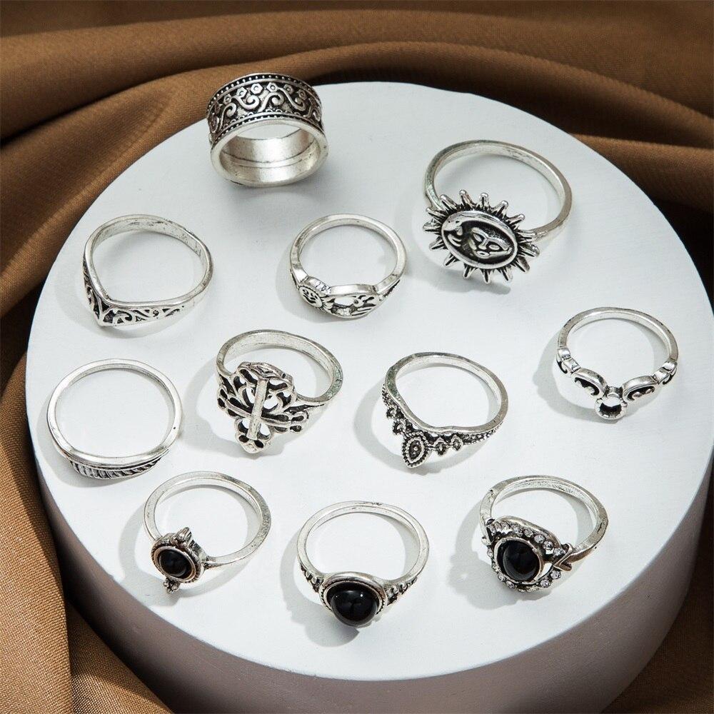 Anillo Geométrico Hueco Articulado Metálico Gótico 17KM para Mujer Anillo de Dedo con Forma de Sol y Hoja Plateado Vintage Accesorios de Joyería de Tendencia