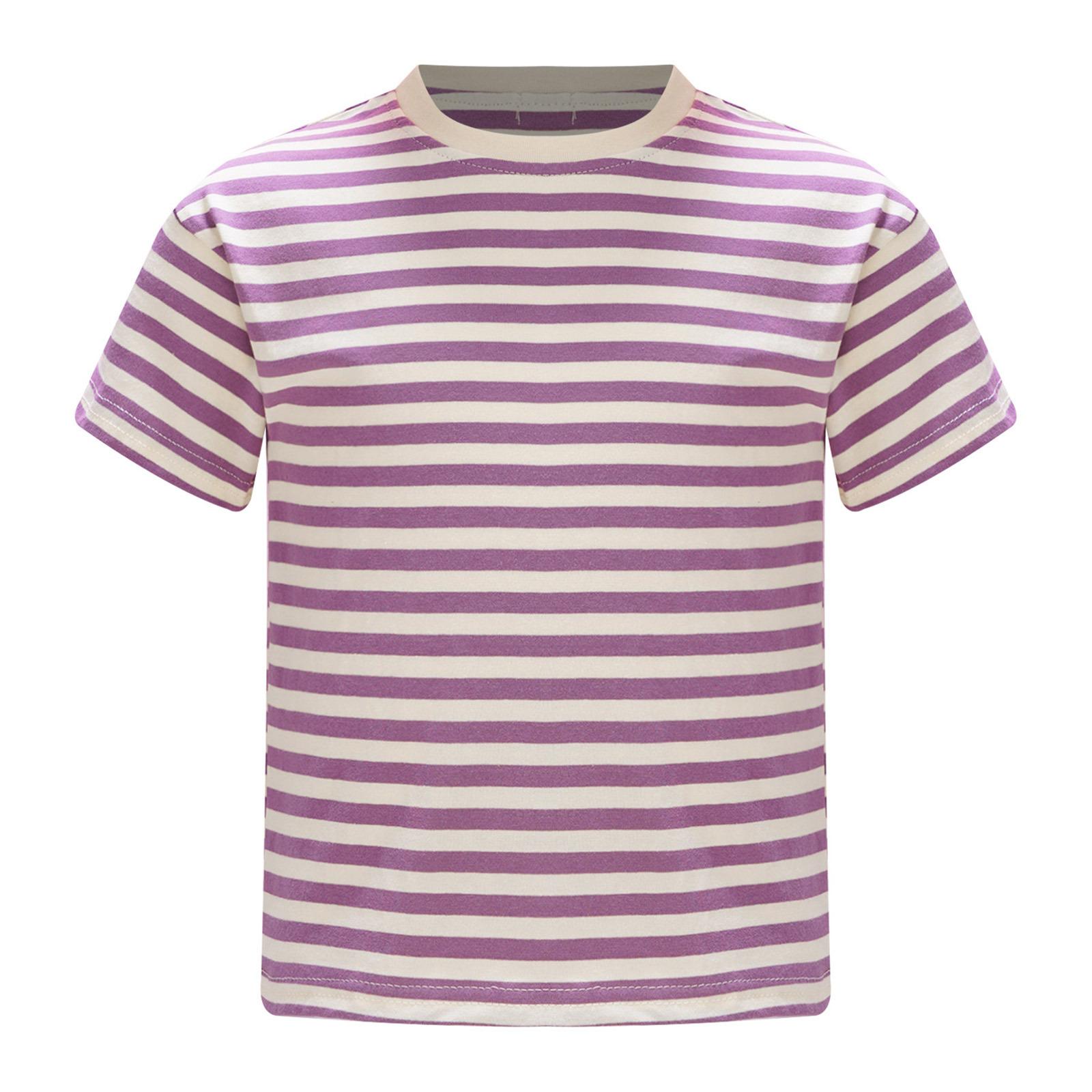 

Girls Striped T-Shirt Contrast Color Casual Round Neck Short Sleeve Top for Outdoor Activities or Travel 9-10 Years фіолетовий