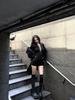 Women's Black Hollow Long Sleeve Slim Bodysuit - Autumn Petite American Style