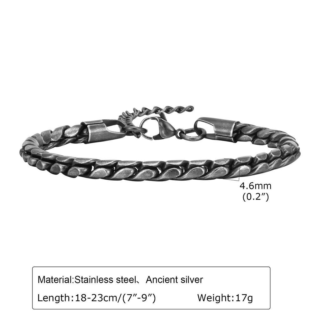 Men Snake Link Chain Bracelets, Black Silver Color Twisted Stainless Steel Glossy Chain Bracelet, Comfort Wear Jewelry