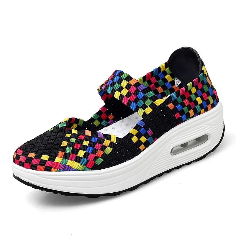  2025 Breathable Casual Women Shoes Loafers Platform Wedges Autumn Woven Slip on Nylon High Heel Pumps Square Dancing