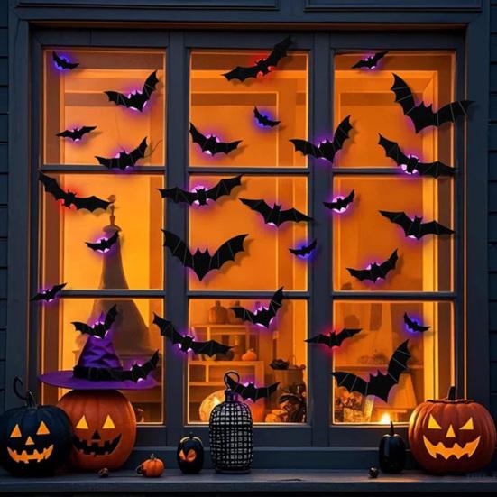 LED Wall Lamp Halloween Stickers, Glow-in-the-Dark Bat & Spider Decorations, Battery-Powered Hanging Ornaments Decor for Haunted House Party,