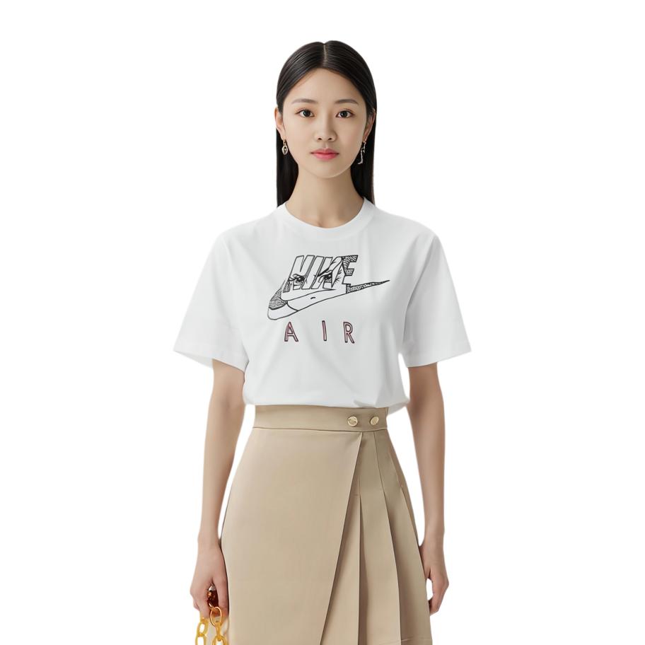 Nike Sportswear Boxy Large Logo Print Crew Neck Short Sleeve T-Shirt Women Tops White DQ3269-100