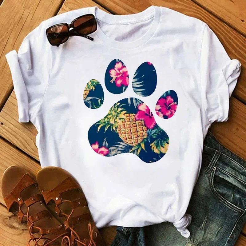 Womens CartoonTshirt Colorful Heart AndDog Paw Print Tshirt Womens Summer Tshirt 90s Girl ShortSleeve Tshirt Black Tshirt