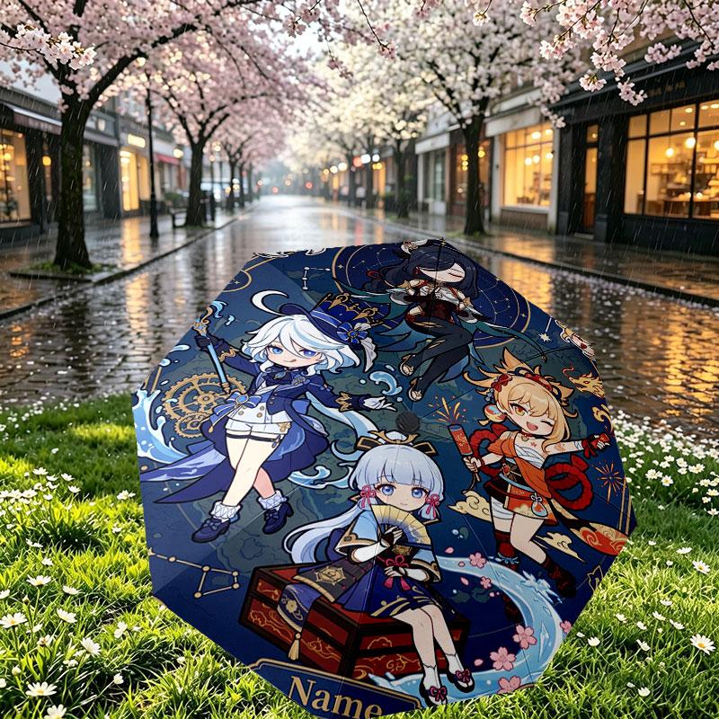 Custom Name Personalized Genshin Impact Print Umbrella, Auto Open Close, 8‑Rib Sturdy Frame, Commute Camping Hiking Use, Birthday Gift