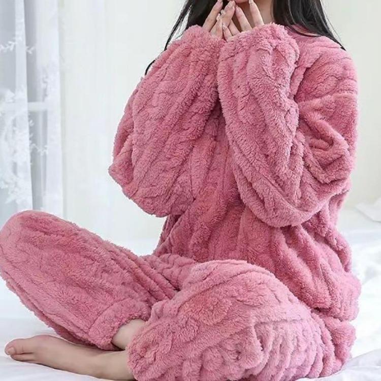 Warm Velvet Ribbed Fleece Pajama Set 2 Piece Women Autumn Pullover And Pants Casual Thicken Lounge Wear