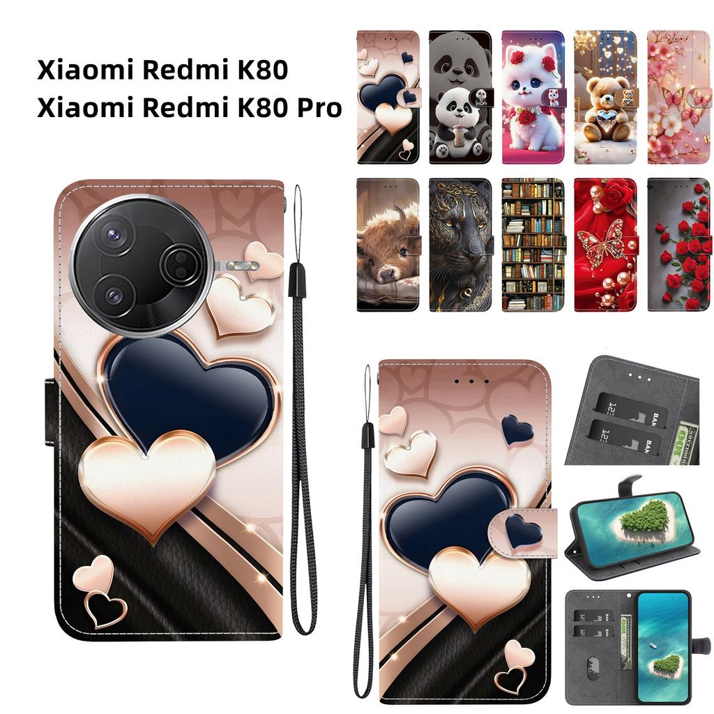 Handmade PU Leather Flip Case for Xiaomi Redmi K80 / K80 Pro Anti-Slip Shockproof Cover with Wrist Strap & Heart/Rose Cat Designs