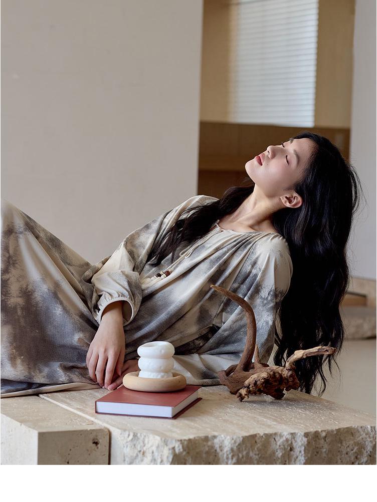 Women's Antibacterial Rayon Cotton Nightgown - Autumn Wabi-sabi Style, Pure Cotton, Long Sleeve, Mid-length Homewear Pajamas