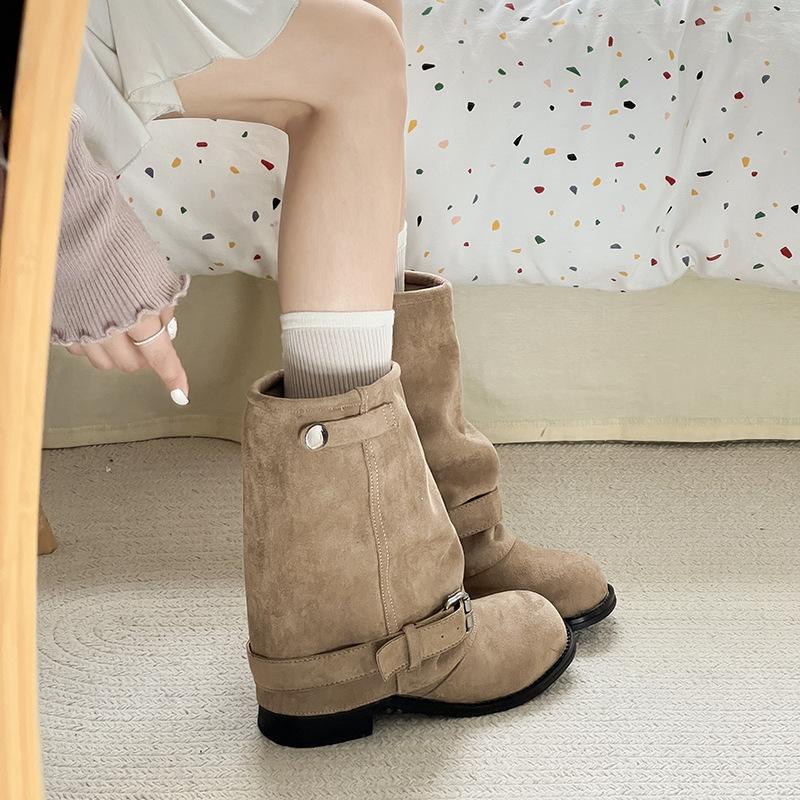 Belt buckle thin women's boots thick heel medium boots stacked women's versatile trousers boots new European and American fashion tube cloth
