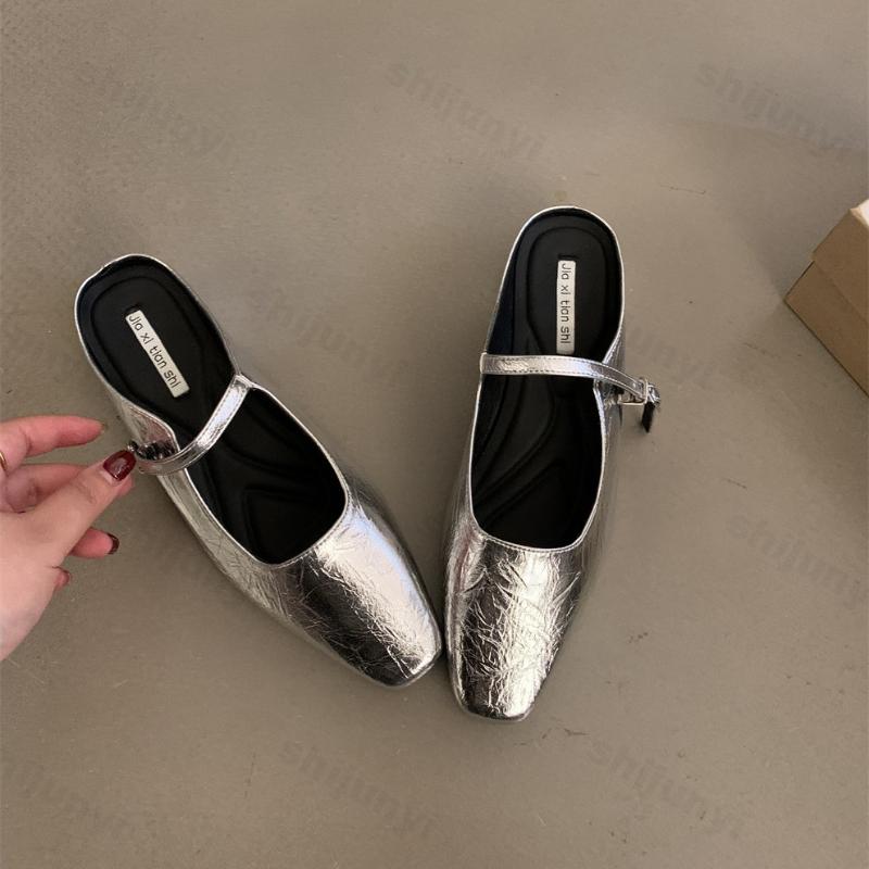 Women Design Silver Mary Jane Half Slippers Pointed Toe Sandals 2025 New Flip Flops Summer Casual Dress Mules Flats Shoes Slides