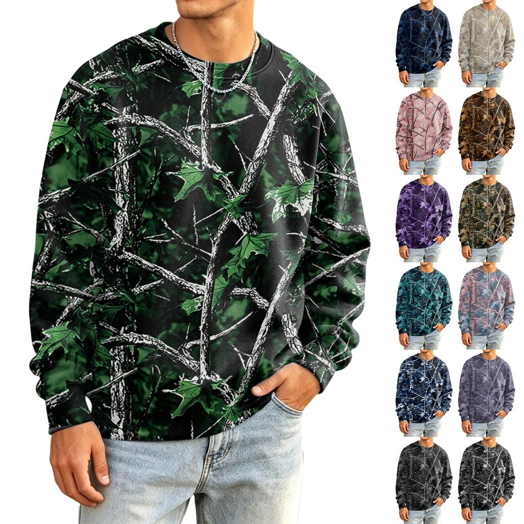 Men's Casual Long Sleeve Camouflage Print Round Neck T-Shirt Loose Fit for Everyday Wear