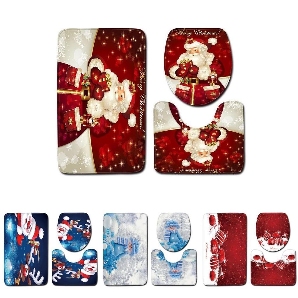 4pcs Christmas Shower Curtain And Toilet Cushion Set Cover Mat For Festive Bathroom Decor