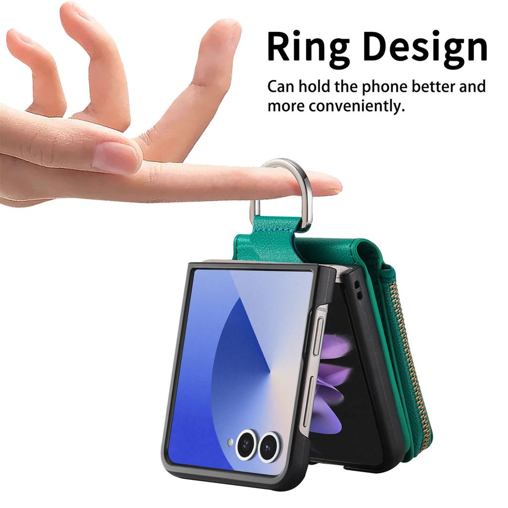 For Samsung Galaxy Z Flip7 5G Case Zipper Pocket Leather + PC Phone Cover with Ring Holder