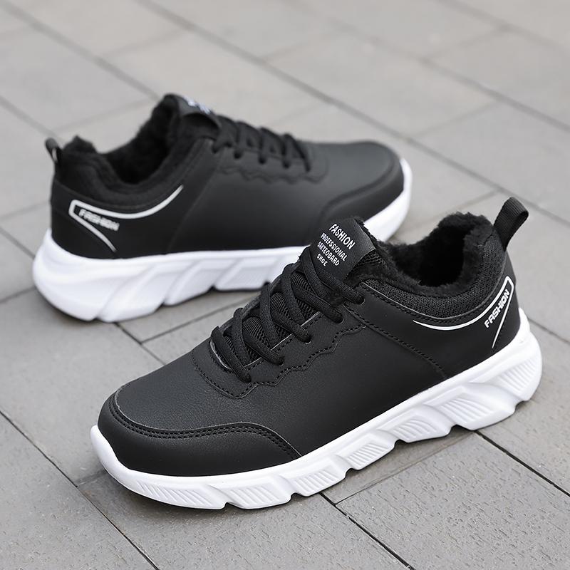 Women Running Shoes PU Leather Lace-up Men Warm Light Walking Sneaker Fitness Sport Flats Comfortable Black Size 35-45 Loafers