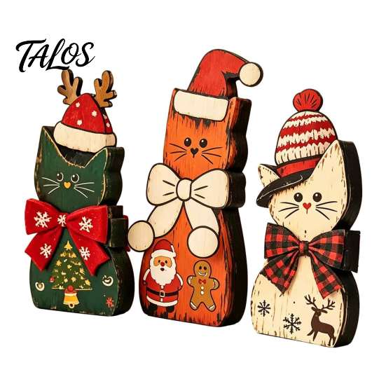 Decorative Wood Cat Set 3Pcs Christmas Wooden Ornaments with Hat and Bow Tie, 2D Interchangeable Holiday Flat Thanksgiving Tabletop Figurines,