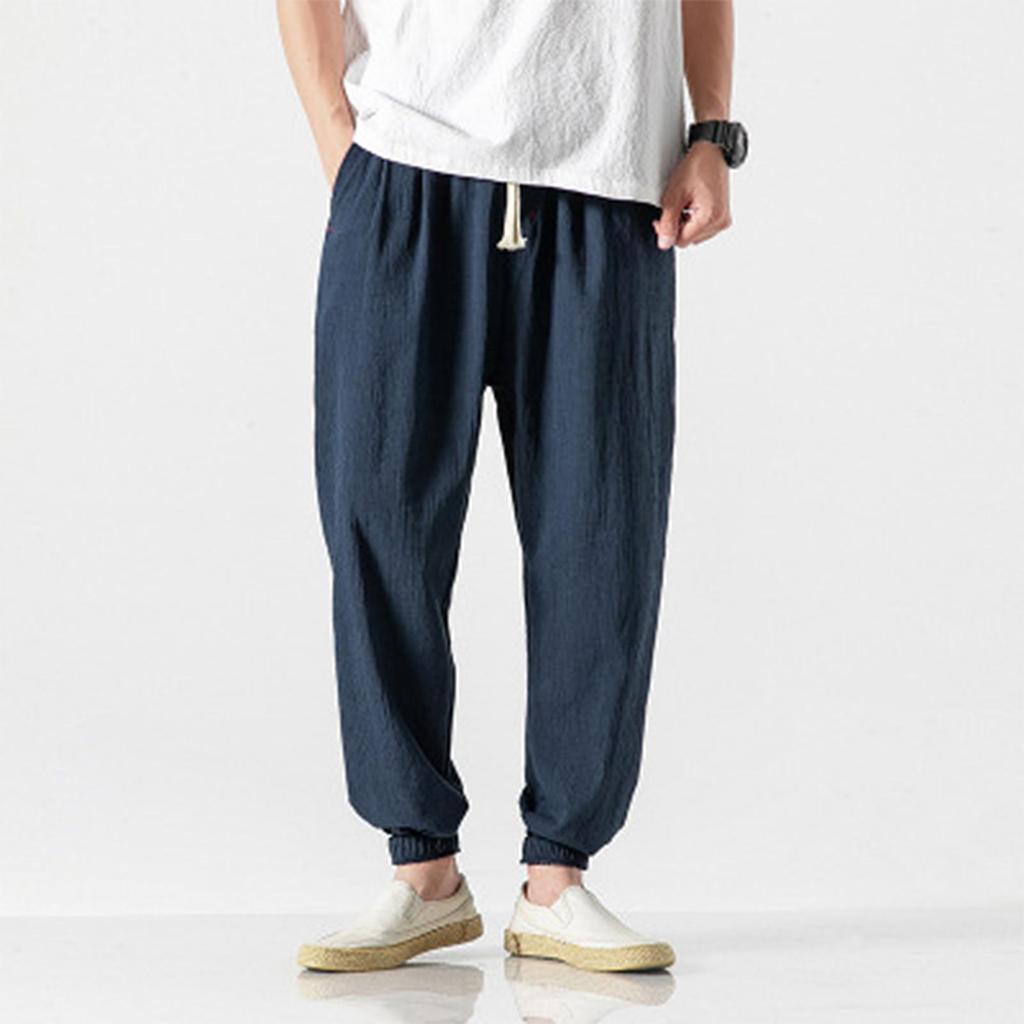 Men's Casual Slim Sports Pants Ankle-Length Linen Trousers Baggy Pants