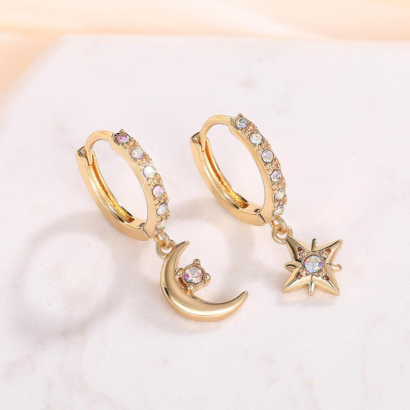 2024 Trend Earrings, Asymmetrical Star Moon Diamond Earrings, Temperament Versatile Ear Buckles