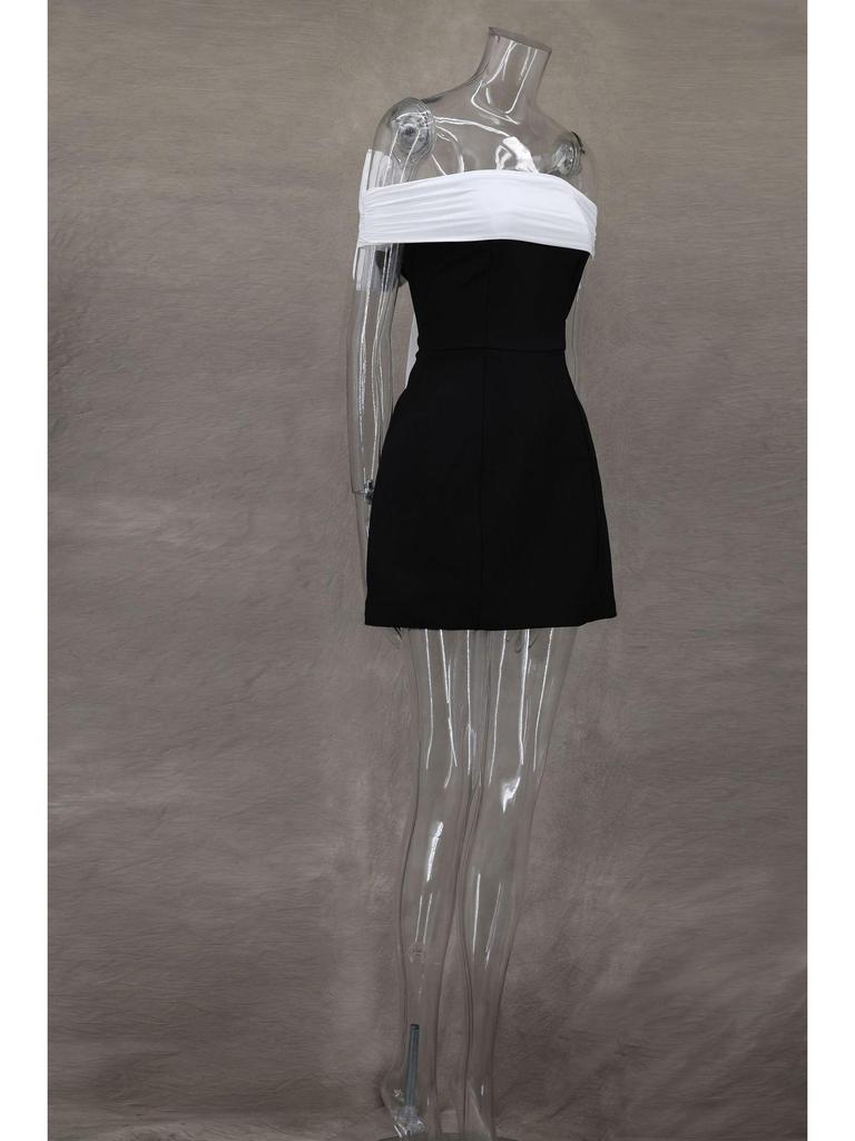 One-Shoulder Black & White A-Line Dress with Bow - Waist-Defining Design, Spring/Summer