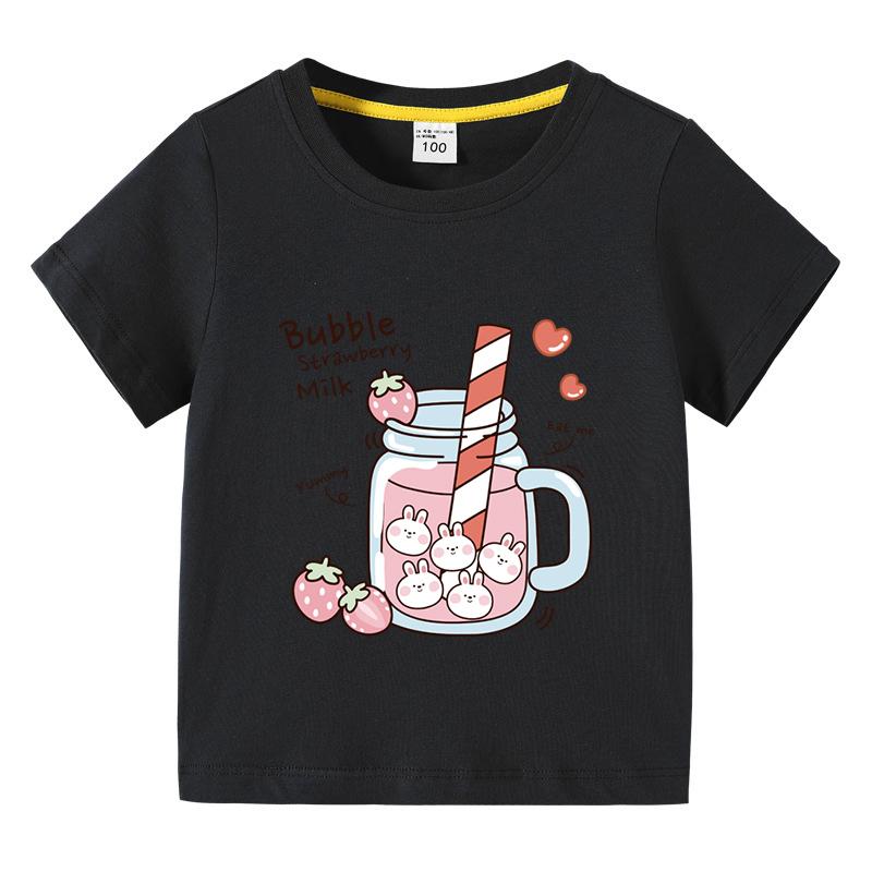 Girls TShirt Bubble Strawberry Milk Print Short Sleeve Tee Cute Cartoon Summer Casual Tops for Kids Children