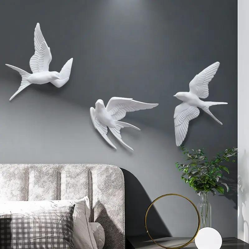 European White Three-dimensional Bird Wall Decoration Living Room Swallow Wall Hanging Abstract Animal Ornaments Home Decoration
