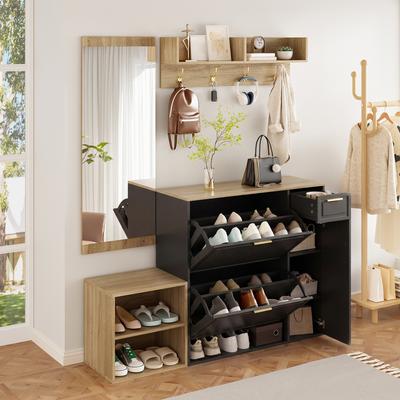 4-Piece Coat Rack Set – with Shoe Cabinet, Bench, Wall Coat Rack & Mirror, Complete Hallway Furniture Set, Dimensions: W139.5 X D35 X H166 Cm