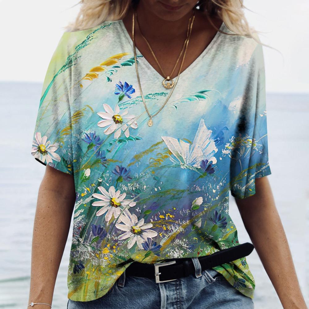 Print T-shirt Women Streetwear Casual T Shirts Y2k Tops Woman Harajuku V-Neck Tees Oversized Clothing