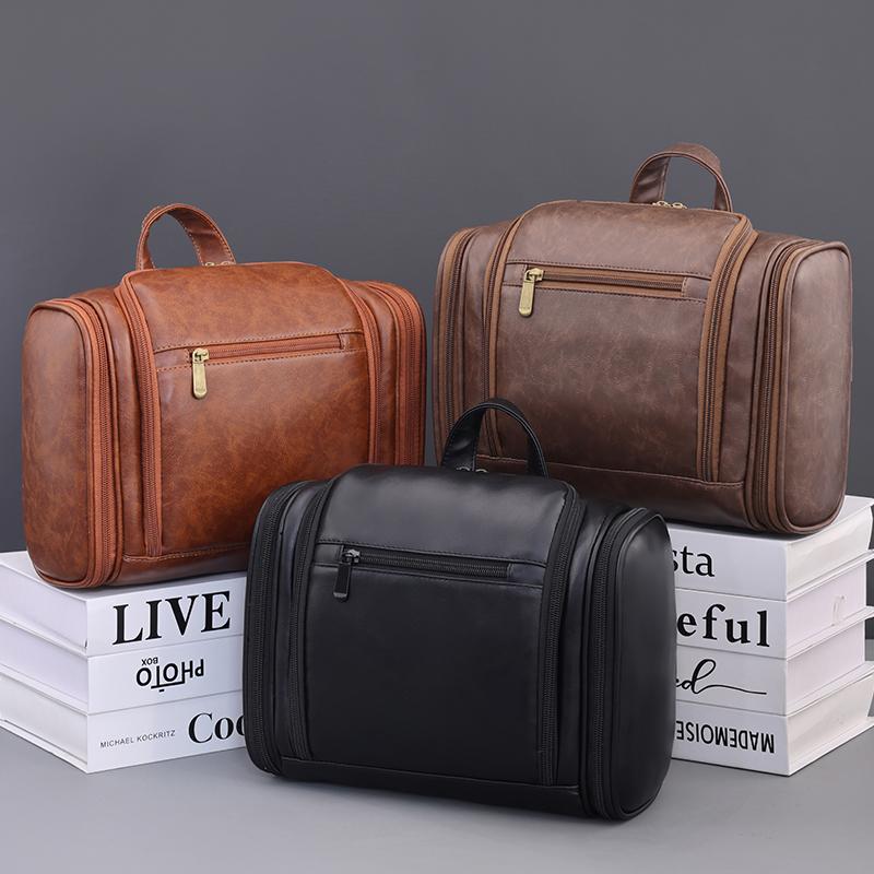 PU Leather Toiletry Washing Tool Storage Bag with Hook Portable Cosmetic Bag Wet and Dry Separation Travel Makeup Pouch