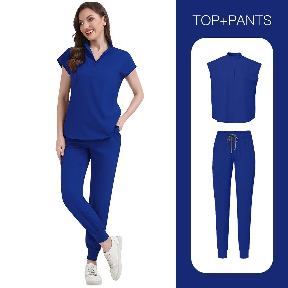Women's Loose and Comfortable V-neck Short Sleeved Workwear with Multiple Pockets and Beauty Suit Set