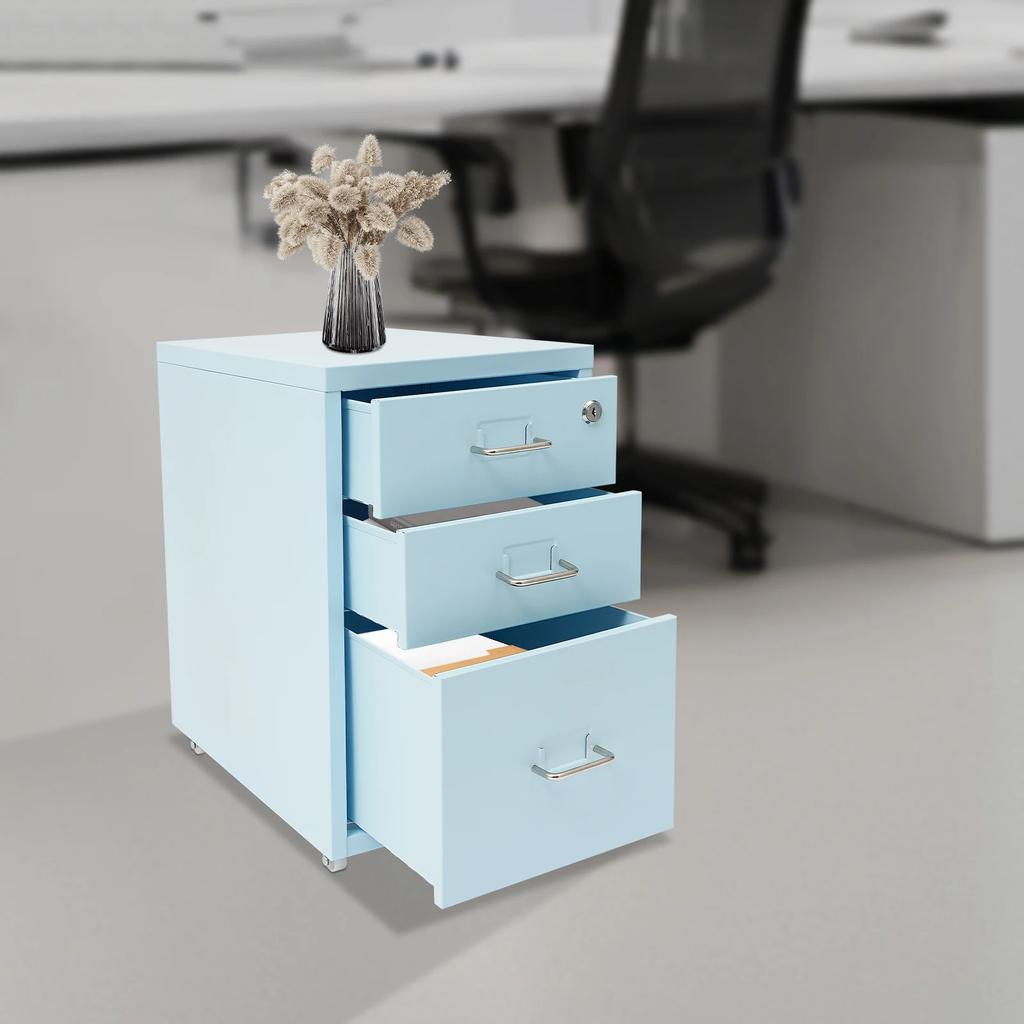 3-Drawer Metal File Cabinet with Lock & Wheels, Blue - Modern Office Storage, Secure Filing Cabinet, Compact Size 28x41x48cm