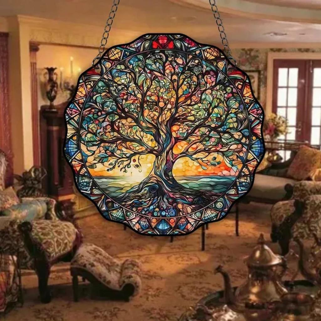 1PC Tree of Life Wall Decor Acrylic Round Ornament for Indoor Outdoor Welcome Sign Sunlight Hanging Tag Room Decor Aesthetic