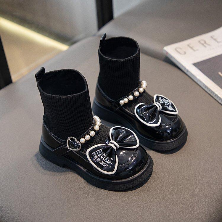 Girls Socks Boots Kids Ankle Boots with Bow-knot Fashion Elegant Glossy UK Uniform Children School Princess Boots Anti-Slippery