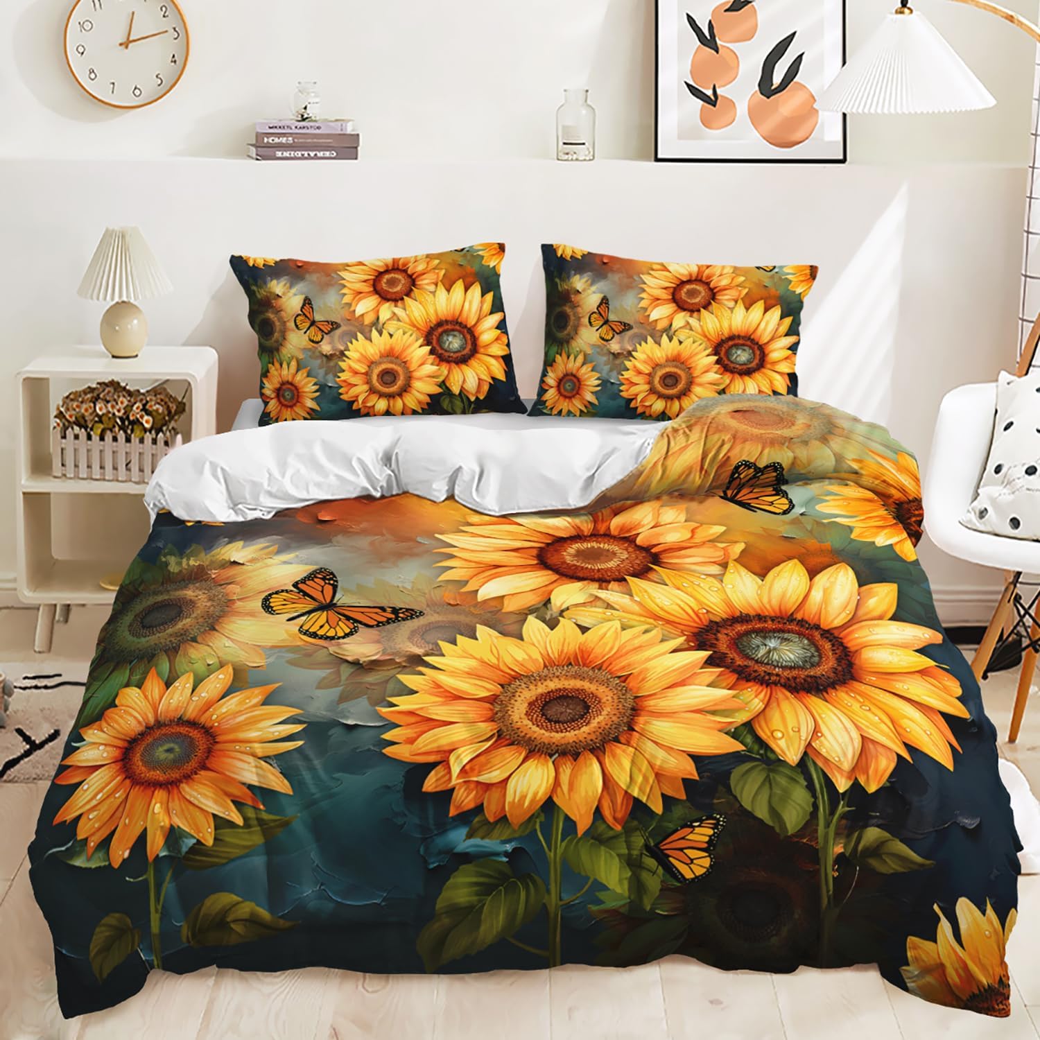 

Sunflower Duvet Cover Set Queen Size Butterfly Comforter Set Retro Yellow Flower Quilt Cover 3 Piece Set With 2 Pillowcases EU Single(135x200cm)