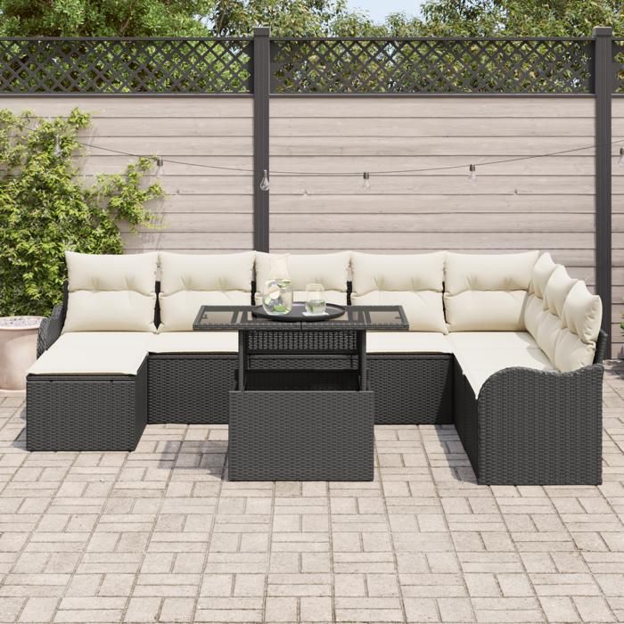 Ensemble de canapés de jardin de 9 pièces avec coussins en rotin noir, Canapé de jardin 2 places avec rangement et coussins 3357250