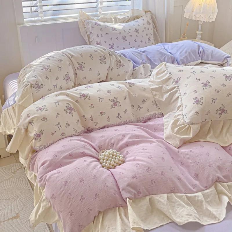4pcs  Korean Lace Duvet Cover Set (1*Duvet Cover + 2*Pillowcase, Bed Sheet/fitted Sheet), Pink Checkered Print Bedding Set