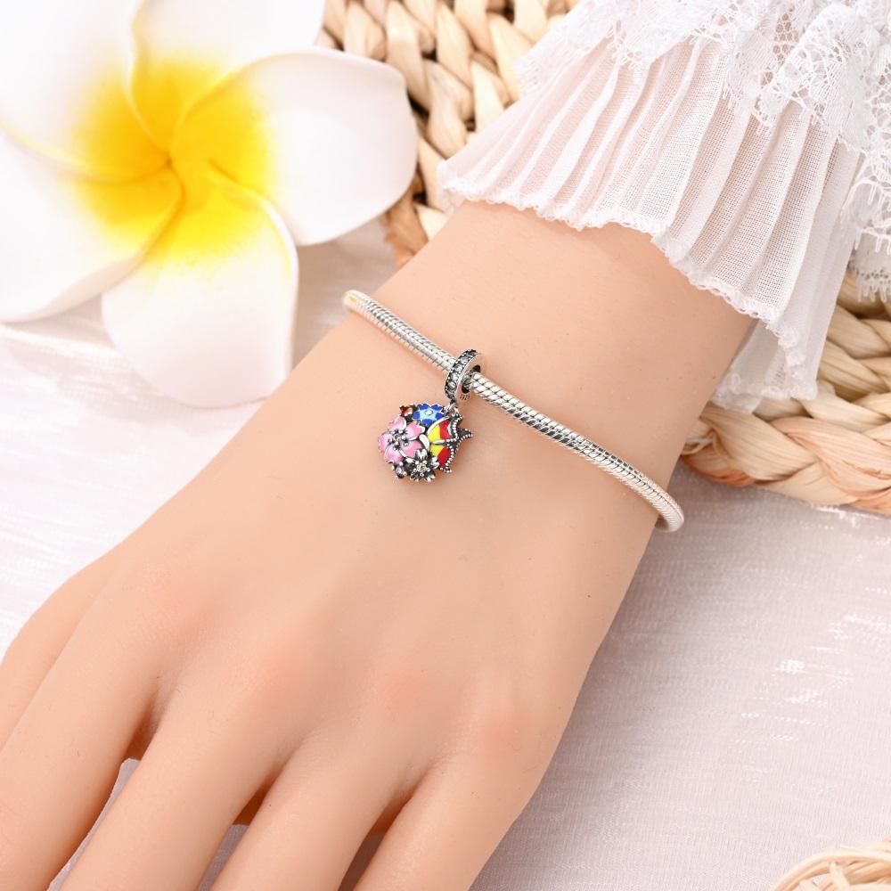 Pink Gradient 925 Sterling copper Enamel Sakura Dangle Charm Fit Original Bracelet Girl Flower Charms for DIY Fine Zircon