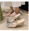 High Heels Women's Summer 2025 New Butterfly Rhinestone Word with Crystal Heel Sandals Square Head Thick Heel Slippers Women