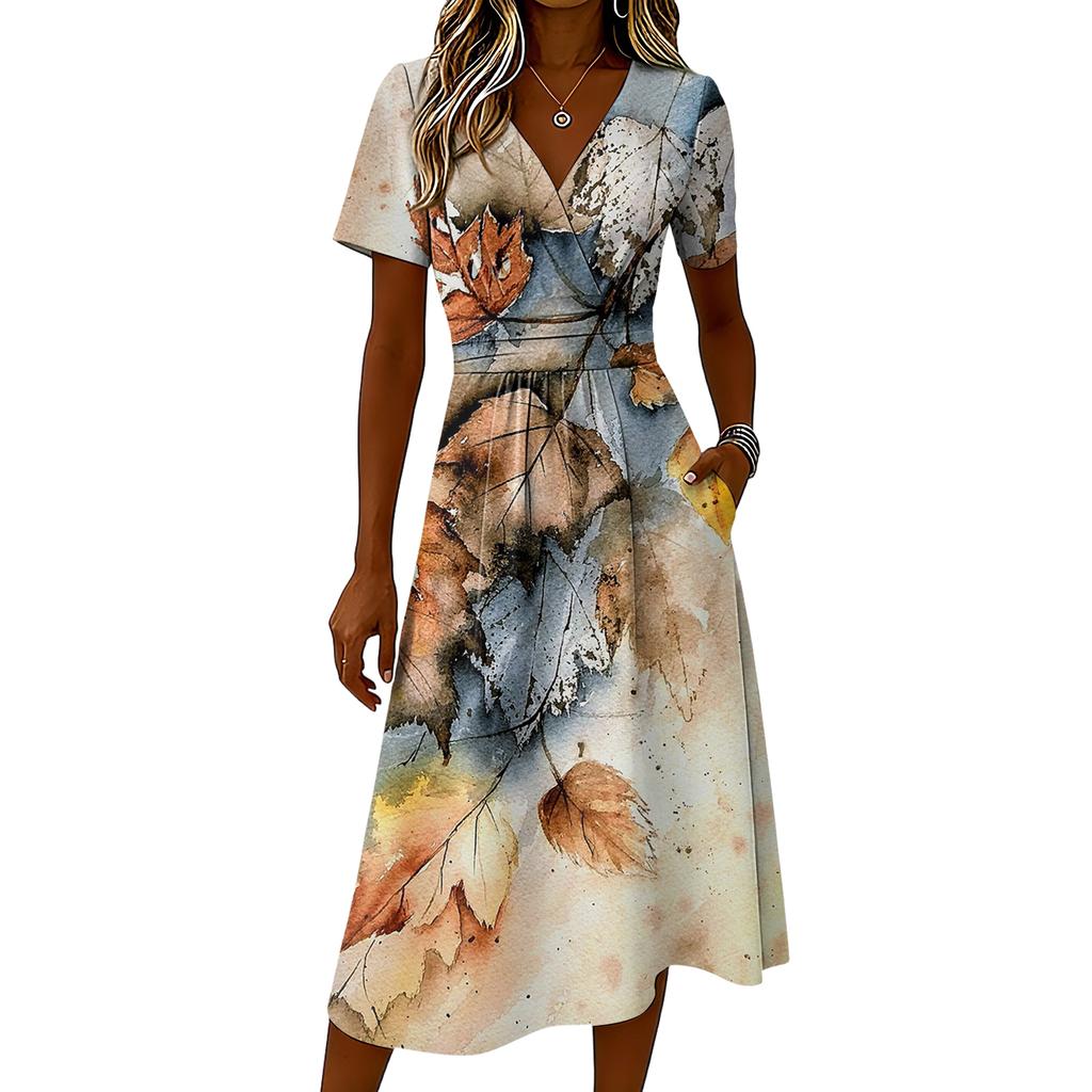 Dámské ležérní módní květinové šaty s krátkým rukávem a výstřihem do V