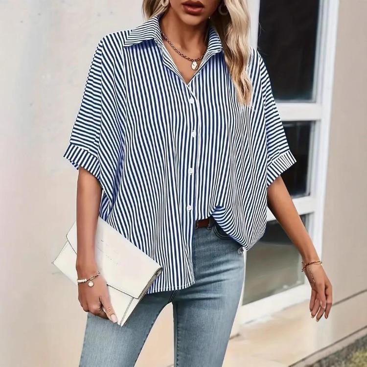 Summer Loose Striped Shirt Women Five Quarter Sleeve