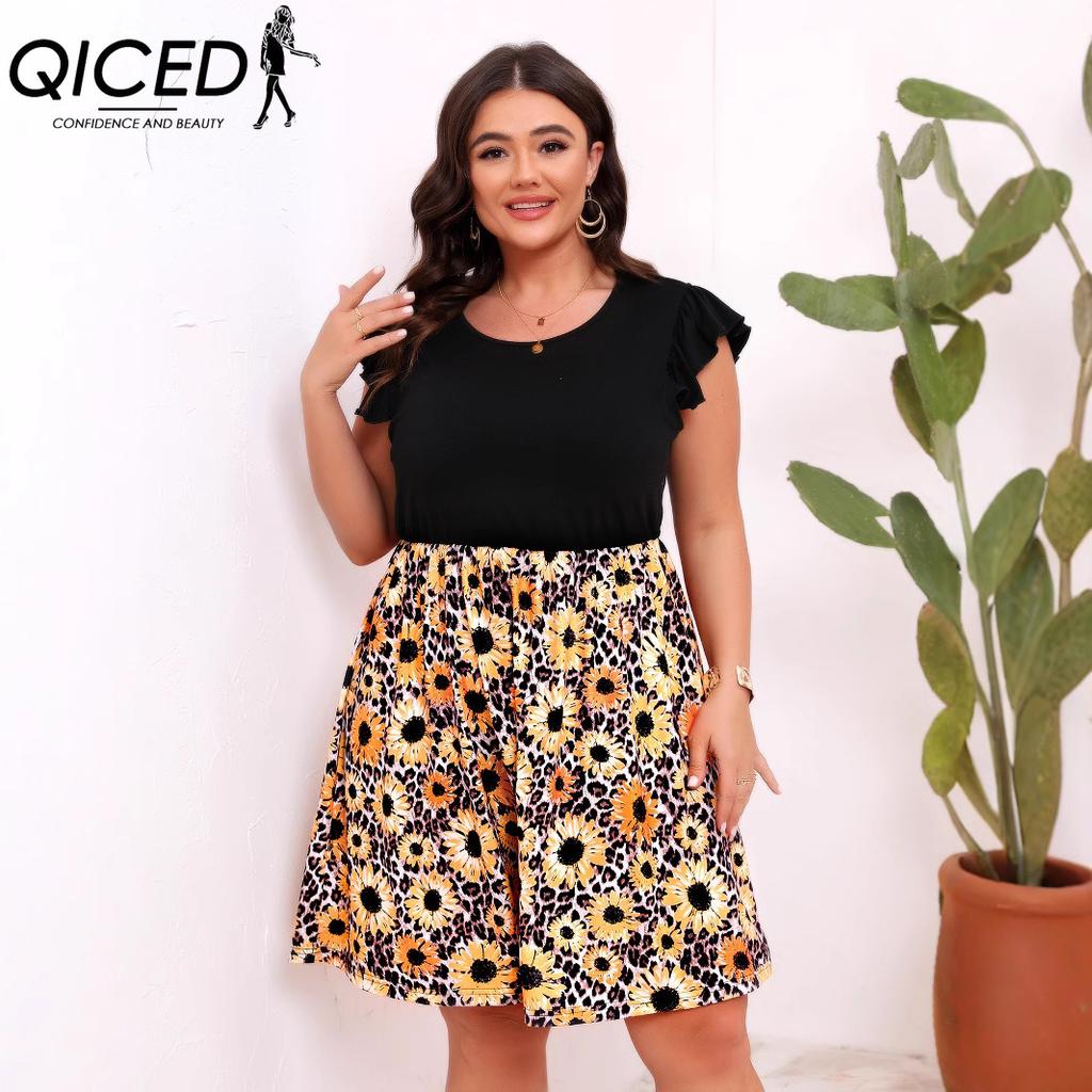 QICED Plus-size Women's Summer Dress Small Daisy Print Patchwork Sleeveless Vest Dress