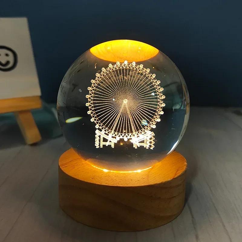 Engraved Crystal Ball Night Light with Wooden Base - Perfect Gift for Valentine's Day and Anniversary Galaxy Light