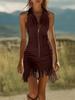 European Elegant Zipper Tassel Off-Shoulder Dress with Lapel - Sleeveless Solid Color Style