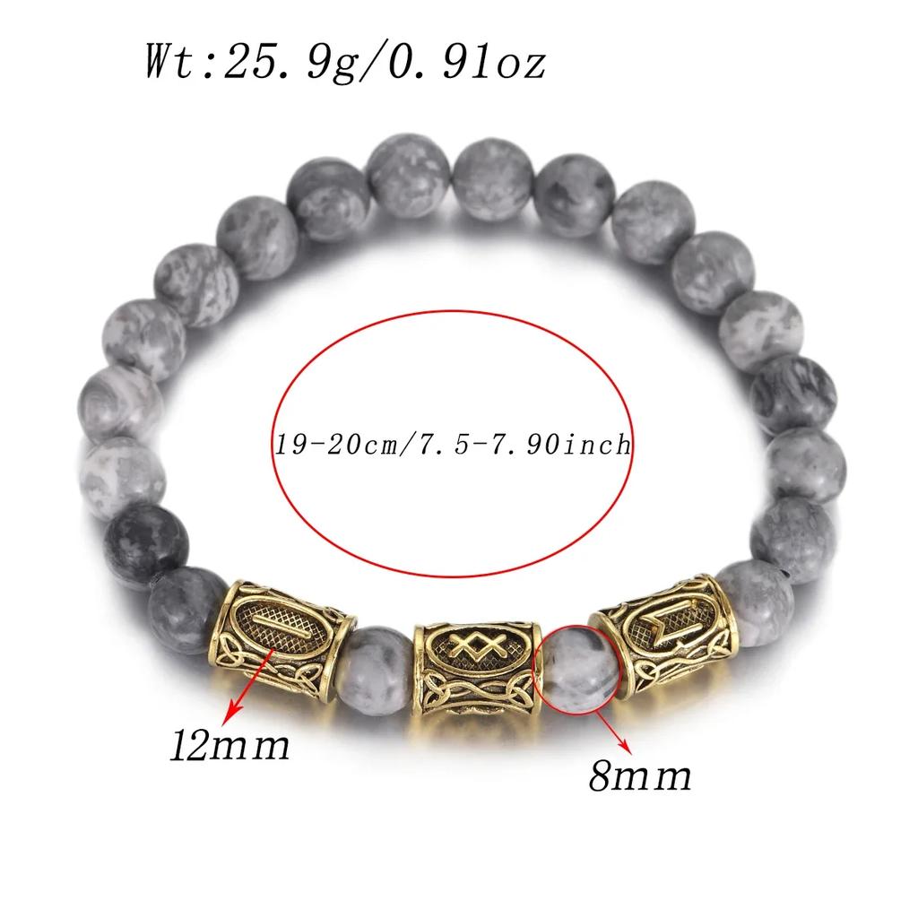 Classic Gold Vikings Runes Bracelet 8Mm Lava Stone Handmade Elastic Jewelry for Women Men