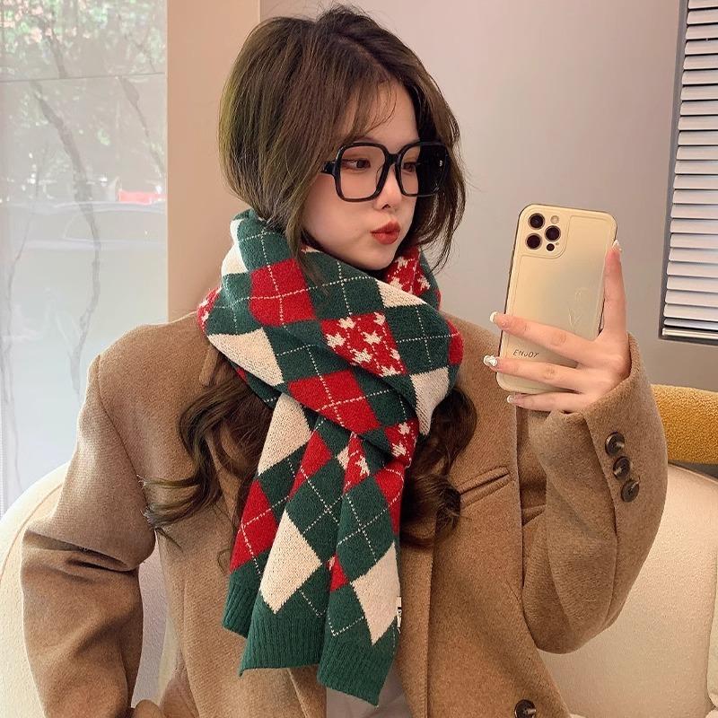 Red Christmas Tree Knitted Scarf Female Autumn and Winter Warm Green Wool Student Couple Christmas Gift Scarf Versatile