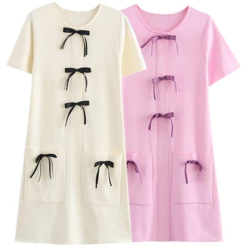 Fashion Style 2024 Fall and Winter New Women's Clothing Bowknot Decoration Knitting Round Neck Short Sleeve Dress 2142210