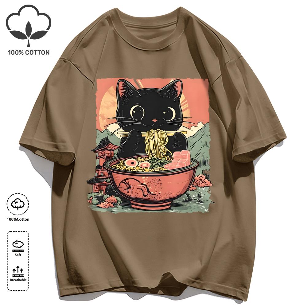 Retro Cats Like To Eat Lamian Noodles Unisex T Shirt Retro Fashion Short Sleeve Summer Comfortable Tee Unisex Cotton Loose Clothing